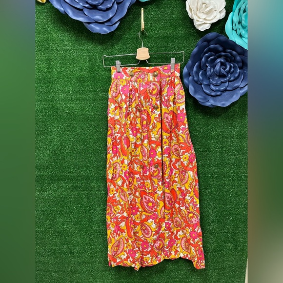 Vintage pink and yellow retro long skirt with gold buttons fits like a small